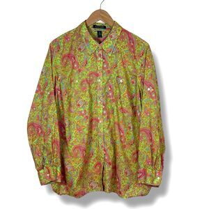 Lauren Ralph Lauren Womens Button Up Blouse Top 2X Green Paisley Roll Tab Sleeve